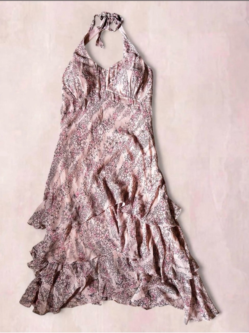 100% Silk Exterior Signature by Sangria Pink Fairy Floral Halter Maxi Dress